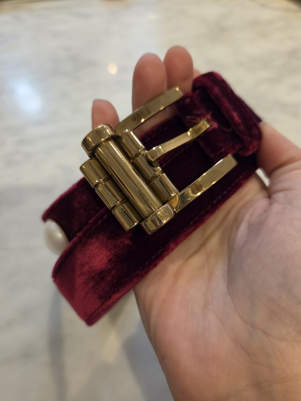Vintage Versace Burgundy Velvet Belt with Gold Buckle and Pearl Detail Size 85